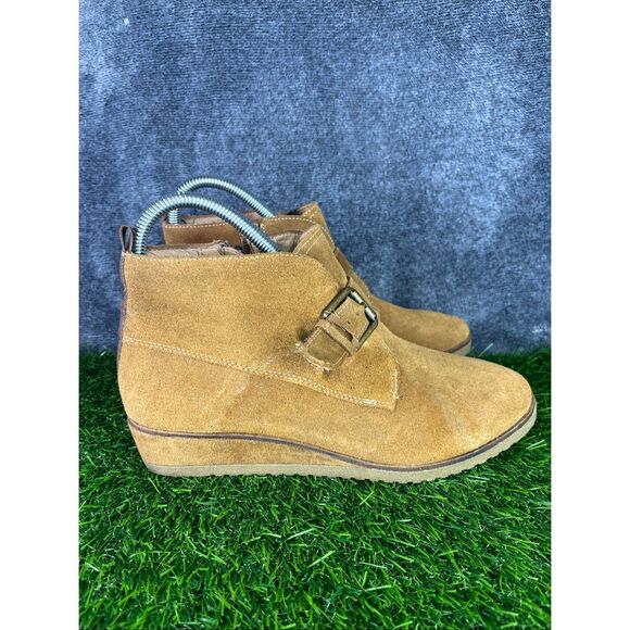 Franco Sarto Women’s Suede Ankle Boots Size 6.5 Tan Wedge Buckle Zip Booties - Picture 3 of 7